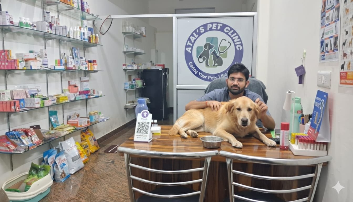 Dr. Avinash Atal with a Golden Retriever at Atal's Pet Clinic, Jagatpura, Jaipur